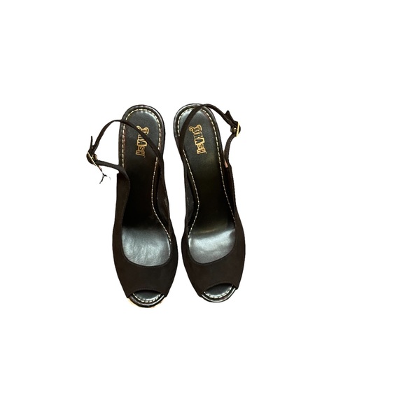 BRASH NWT Black Open-Toe Slingback Wedge Heel Shoes Size 11 - Picture 9 of 15